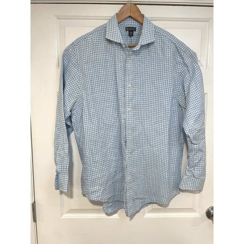 Irish‎ Linen Dress Shirt Mens L XL Lands End Baird McNutt Blue Check Tailored